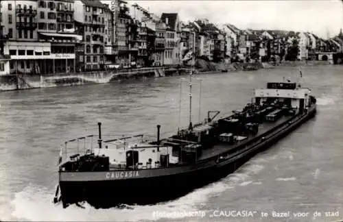 Ak Basel Bâle Stadt Schweiz, Das Motorankschiff CAUCASIA vor der Stadt Basel.