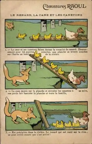 Künstler Ak Chaussures Raoul, Fuchs, Ente, Entenküken