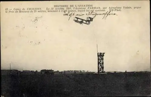 CPA Camp de Châlons Camp de Mourmelon Marne, Aviation, Aeroplame Voisin, Aviateur Farman