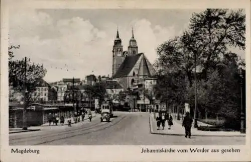 Ak Magdeburg an der Elbe, Johanniskirche vom Werder aus gesehen