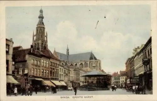 Ak Breda Nordbrabant Niederlande, Breda. Groote Markt. - Straßenansicht mit Rathaus, Sint-Jans...