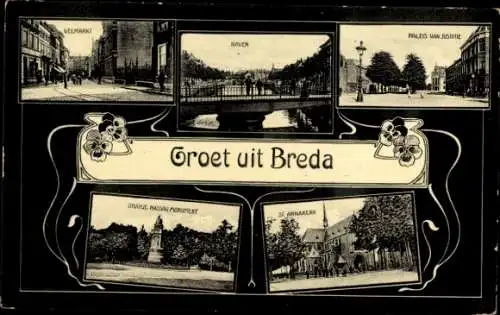 Ak Breda Nordbrabant Niederlande, Velmarkt, Baven, Oranje Nassau Monument, Sannakerk, Paleis v...