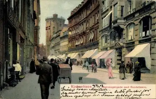 Ak København Kopenhagen Dänemark, Kjøbmagergade med Rundetaarn, Straßenpartie, Geschäfte