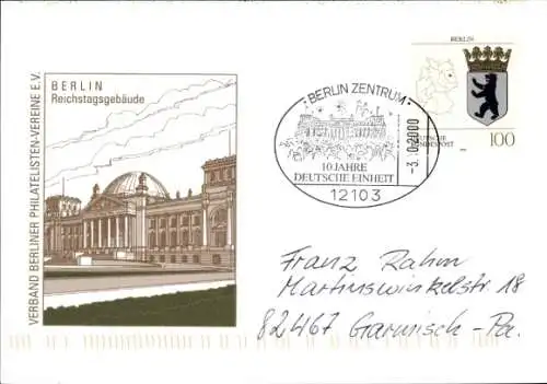 Ak Berlin Tiergarten, Reichstagsgebäude, Ausstellung 10 Jahre Deutsche Einheit 2000