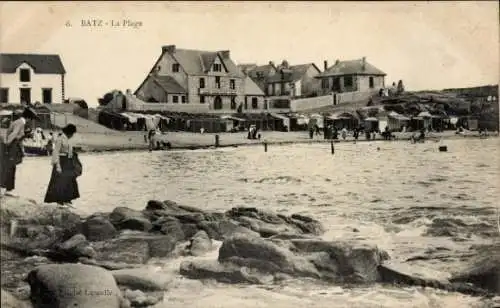 Ak Batz sur Mer Loire Atlantique, Strandansicht, Gebäude, Menschen, Steine, Zelte