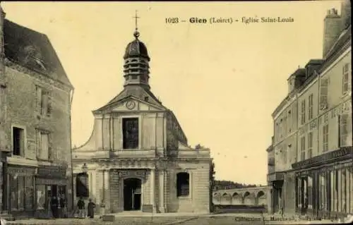 Ak Gien Loiret, Kirche Saint-Louis, Bild in sepia, umgebende Architektur, Geschäfte