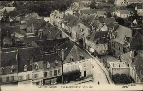 Ak Lorris Loiret, Panoramablick, Hotel du Sauvage, Straßenansicht, Cafe, Serans