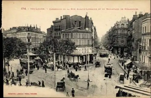 Ak Toulouse Haute Garonne, Carrefour de la Rue Alsace-Lorraine et du Boulevard de Strabourg, Tram