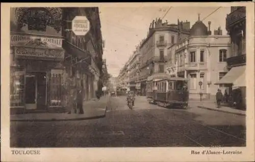 Ak Toulouse Haute Garonne, Straßenansicht Rue d'Alsace-Lorraine, Cordonnerie Conorate,  Tram