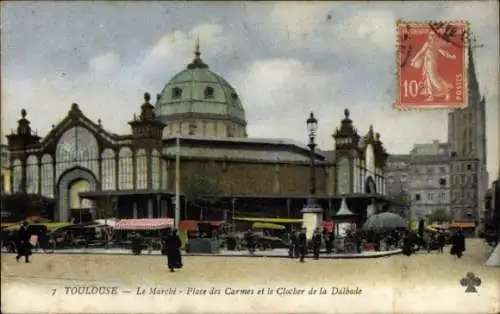 Ak Toulouse Haute Garonne, Markt, Place des Carmes, Glockenturm,  Architektur