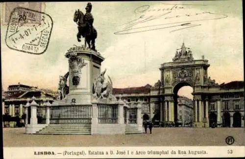 Ak Lisboa Lissabon Portugal, Estatua a D. Jose l e Arco triumphal da Rua Augusta