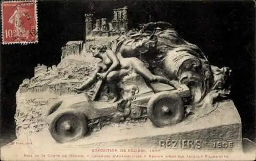 Ak Béziers Hérault, Skulptur eines Rennwagens, Exposition de Béziers 1906, Bronze von Jacques Vil