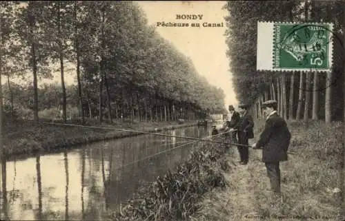 Ak Bondy Seine Saint Denis, Pêcheurs am Kanal, Bäume entlang des Wassers, angeln