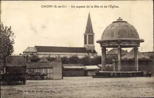 Ak Gagny Seine Saint Denis,  Festplatz, Kirche, Pavillon, Menschen, Bäume