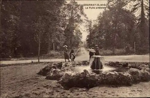 Ak Gournay Eure, Brunnen, zwei Personen, Baumreihe im Hintergrund, ländliche Szene