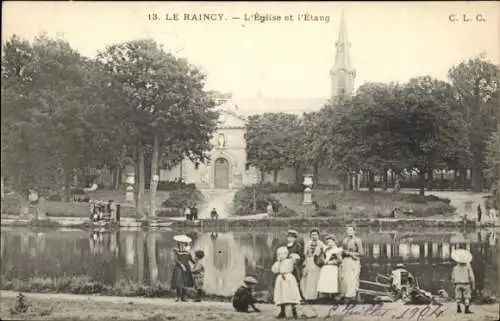 Ak Le Raincy Seine Saint Denis, Park mit See, Kirche, Spaziergänger, Menschen am Wasser, 1904