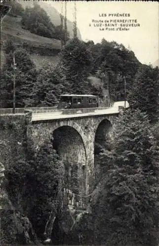 Ak Luz Saint Sauveur Hautes Pyrénées, Pont Napoleon, Brücke, Zug, Natur, Bäume, Wasserfall