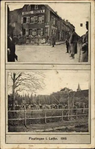 Ak Fénétrange Finstingen Lothringen Moselle, Hotel Bricka, Menschen auf der Straße, ländliche Sze