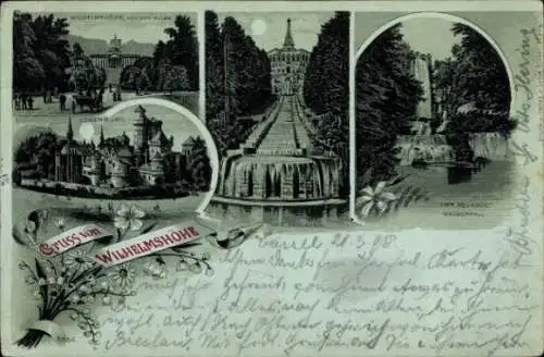 Mondschein Litho Bad Wilhelmshöhe Kassel, Löwenburg, Kaskaden, Wasserfall