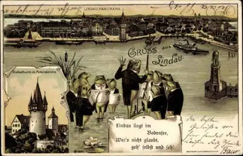 Mondschein Litho Lindau am Bodensee Schwaben, Panorama, Diebsturm, Peterskirche, singende Frösche