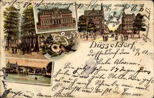 Ak Düsseldorf am Rhein, Große Ausstellung GeSoLei 1926,  Grüß aus  n, florale Elemente, Stadtansi
