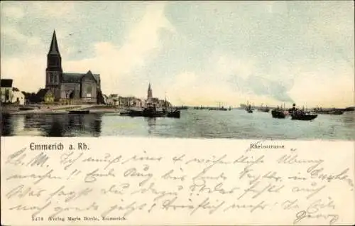 Ak Hoch Elten Emmerich am Rhein, Stadtansicht mit Kirche, Rheinstraße, Boote auf dem Wasser