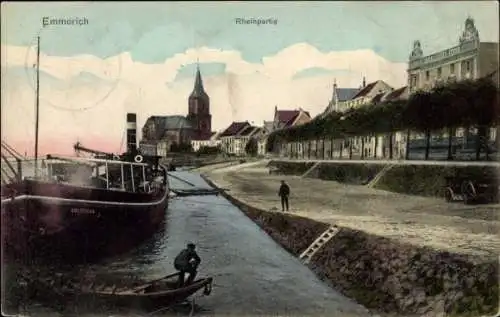 Ak Emmerich am Niederrhein, Blick auf Rheinufer, Steg, Schiff, Kirche, Häuser, Himmel