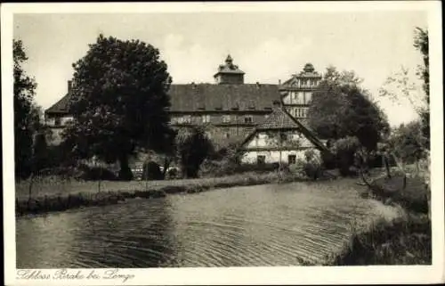 Ak Brake Lemgo in Lippe, Schloss Brake, Wassergraben, Bäume, klassizistisches Bauwerk