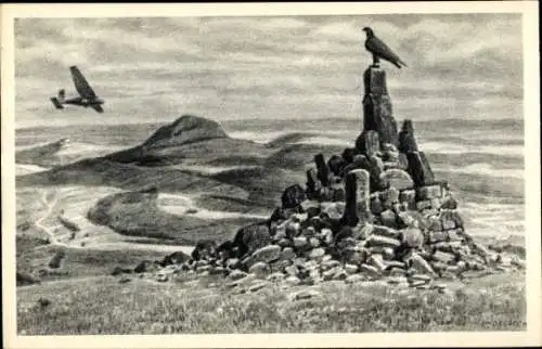 Ak Poppenhausen an der Wasserkuppe Rhön, Fliegerdenkmal, Wasserkuppe, Vogel, Flugzeug, Monument