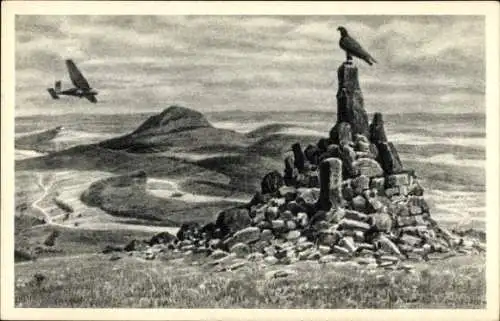 Ak Poppenhausen an der Wasserkuppe Rhön, Fliegerdenkmal, Felsen, Vogel, Flugzeug, Landschaft