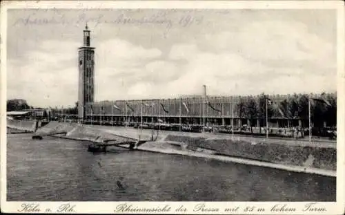 Ak Köln am Rhein, Rheinansicht der Pressa, 85 m hoher Turm, Flusslandschaft, Gebäude