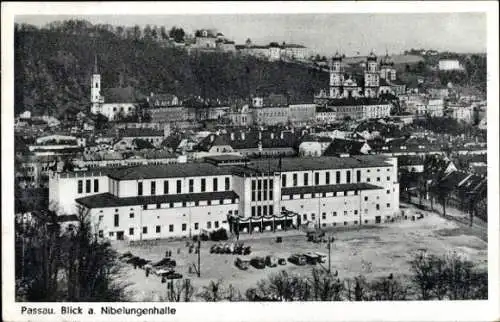 Ak Passau in Niederbayern, Luftaufnahme der Nibelungenhalle, Stadtansicht,  Architektur