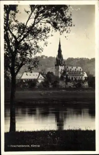 Ak Kötzschenbroda Radebeul in Sachsen, Kirche, Flussansicht, Bäume,  Architektur