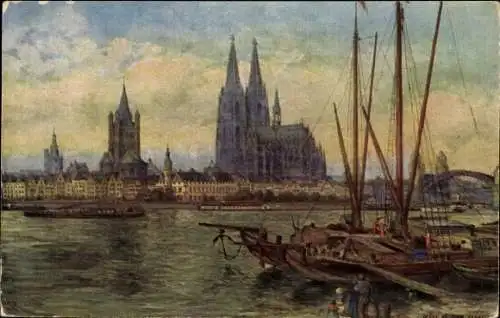 Ak Köln am Rhein, Blick auf Köln am Rhein, Dom, Schiffe, malerische Landschaft, Karl Rüdell