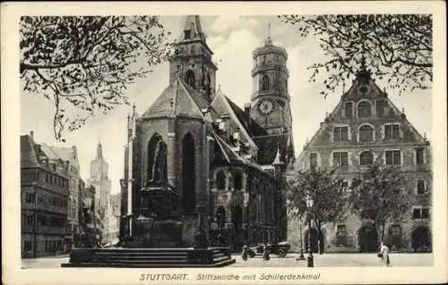 Ak Stuttgart in Württemberg, Stiftskirche, Schillerdenkmal,  Architektur
