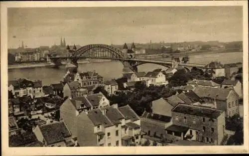 Ak Bonn am Rhein, Blick auf die Rheinbrücke, Häuser im Vordergrund, Landschaft