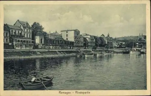 Ak Remagen am Rhein, Rheinpartie, Hotel Anker, Hotel Fürst, Boote am Fluss