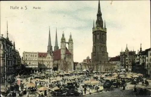 Ak Halle an der Saale, Marktplatz mit vielen Ständen, Kirchen,  Gebäude, Autos
