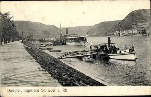 Ak St. Goar am Rhein, Dampferanlegestelle, Schiffe, Landschaft, Fluss