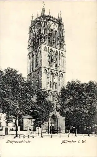 Ak Münster in Westfalen, Liebfrauenkirche, gotischer Kirchturm, Bäume, Stadtansicht