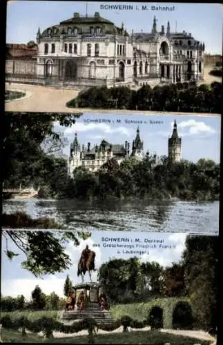 Ak Schwerin in Mecklenburg, Bahnhof, Schloss, Denkmal des Grossherzogs Friedrich Franz II