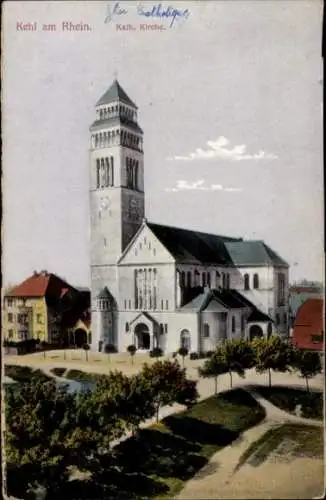 Ak Kehl am Rhein, Katholische Kirche, Kirchturm, Wohnhäuser, Parkansicht