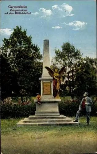 Ak Germersheim am Rhein, Kriegerdenkmal, Statue eines Engels, Militärfriedhof, blühende Bäume