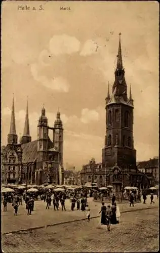 Ak Halle an der Saale, Markt,  Architektur, Menschen, Stände, alte Karte