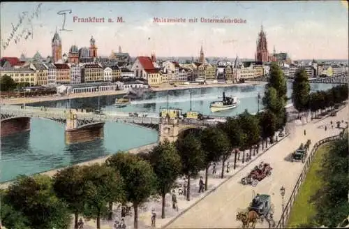 Ak Frankfurt am Main, Vorschau auf die Stadt, Untermainbrücke, Schiffe, Autos, Fluss