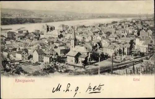 Ak Königswinter am Rhein, Luftaufnahme von  Rhein im Hintergrund, viele Häuser und Straßen