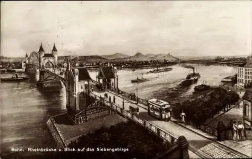 Ak Bonn am Rhein, Rheinbrücke, Blick auf das Siebengebirge, Flüsse, Schiffe, Straßenbahn