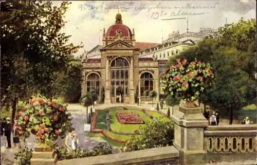 Ak Wiesbaden in Hessen, Historisches Gebäude, Blumenbeete, Menschen im Park, schriftliche Notizen