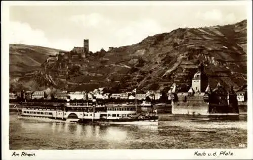 Ak Caub Kaub am Rhein, Blick auf den Rhein, Dampfschiff, Burgen, Weinberge