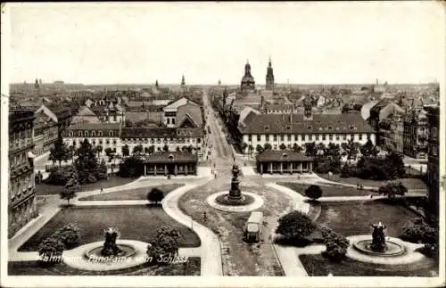 Ak Waldhof Mannheim in Baden, Panorama vom Schloss, Stadtansicht,  Architektur, Statuen